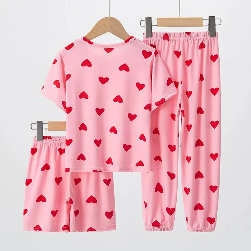 3 Piece Children's Summer Short-sleeved Pants And Shorts Three-piece Boy And Girl Comfortable Thin Air-conditioned Pajamas Set