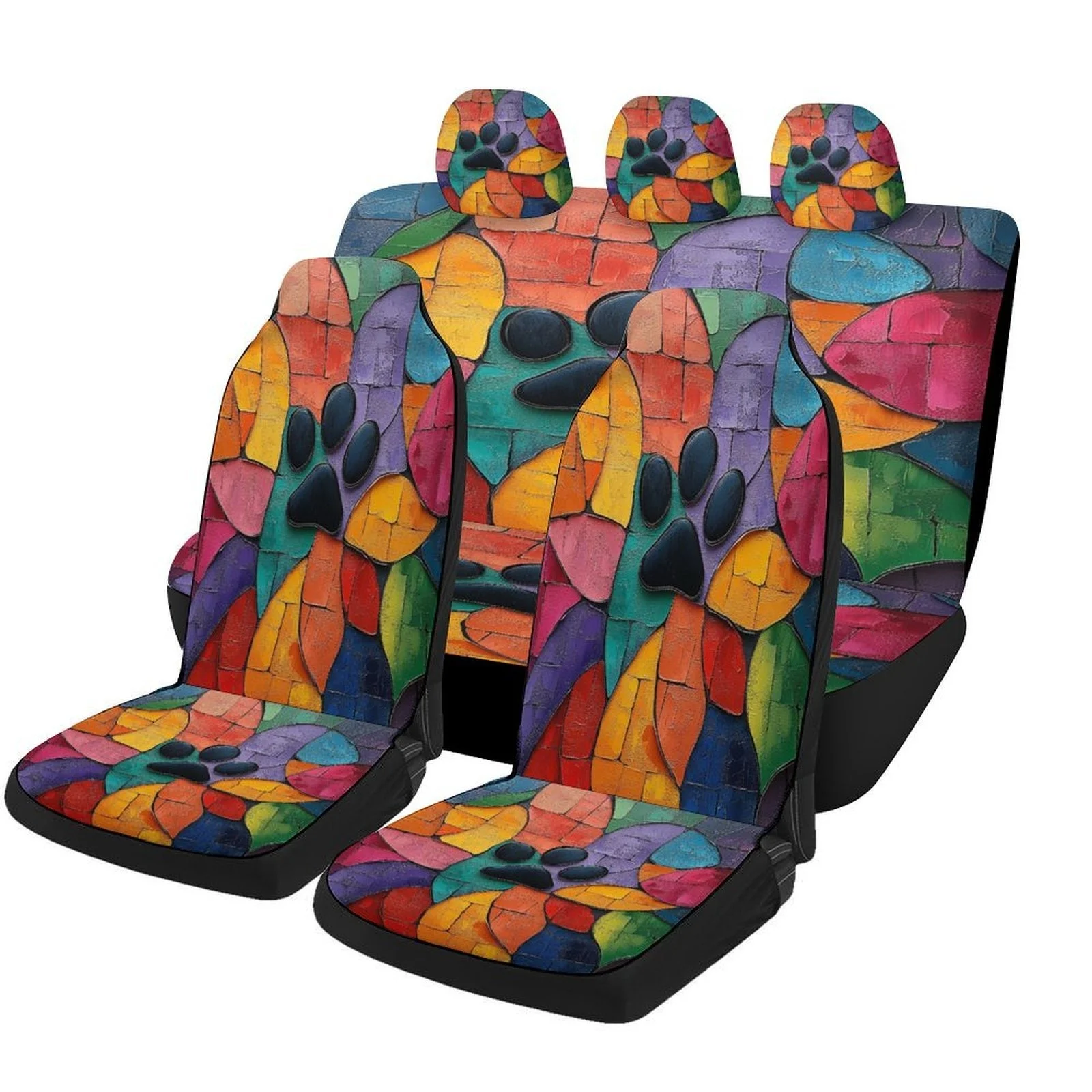 Set Of Car Seat Covers Featuring A Paw Print Mosaic Design, Suitable For Various Vehicles. Stylish And Durable, This Complete Se