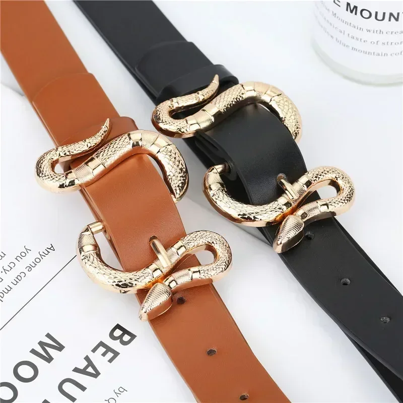 

Snake Belt Buckle with PU Leather Belt for Women Dress Designer Western Vintage Styles Black Belts for Girls Apparel Accessories