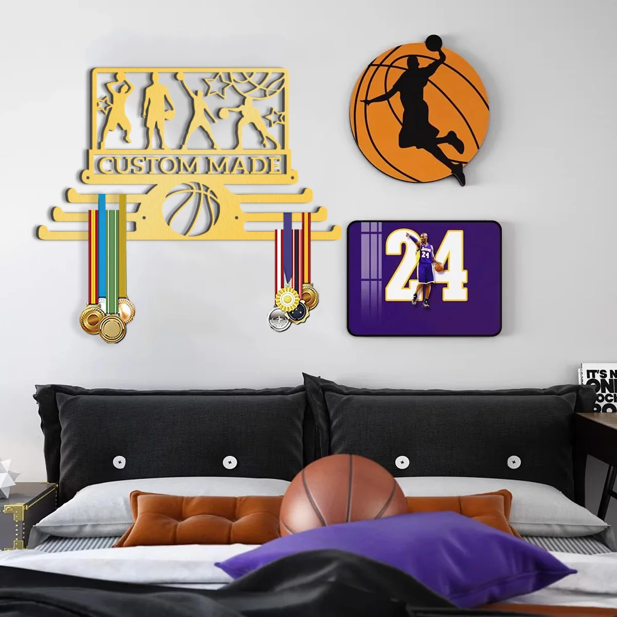 A minimalist style customization basketball enthusiast Wall mounted trophy display rack, advanced metal adjustable hook, sports