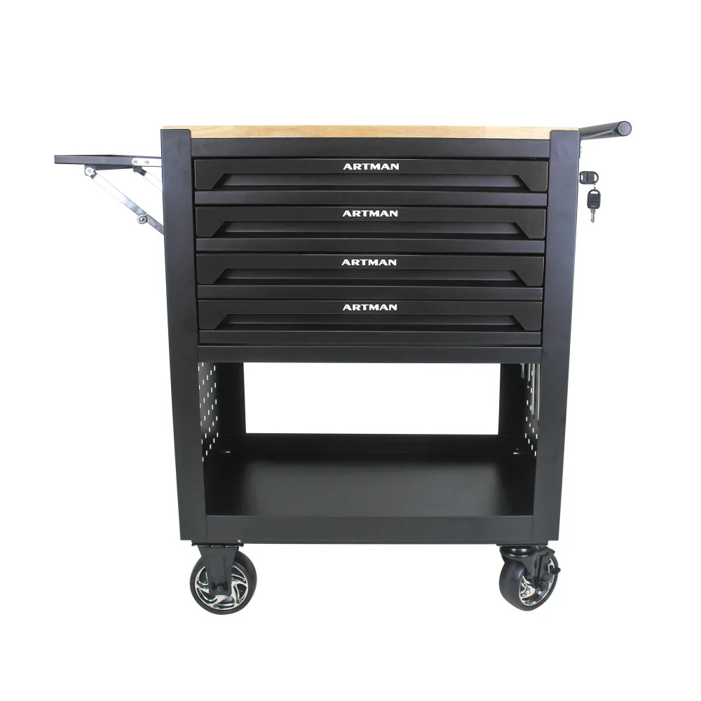 

4 DRAWERS MULTIFUNCTIONAL TOOL CART WITH WHEELS AND WOODEN TOP-BLACK