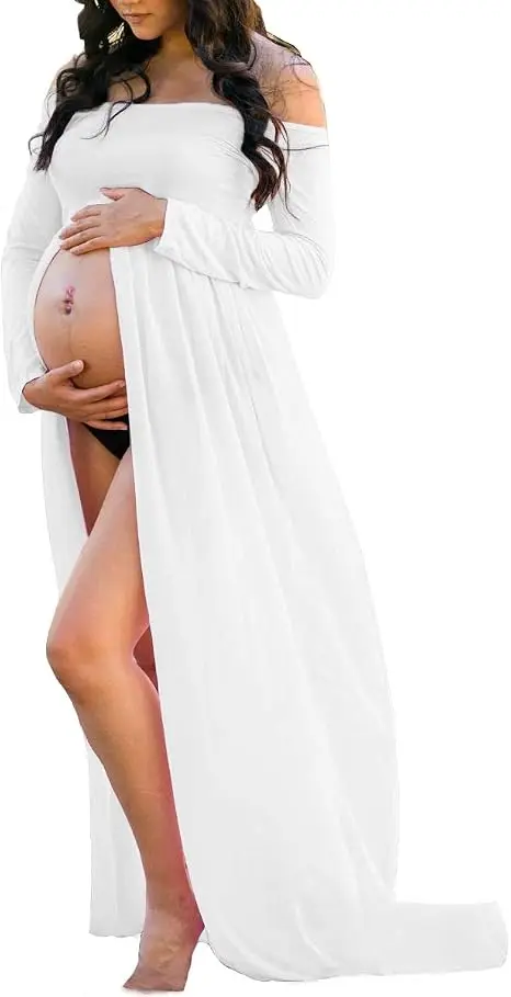 Photographed pregnant woman's dress - sexy deep V-neck long-sleeved silk-cotton blended chiffon tight-fitting with trailing skir
