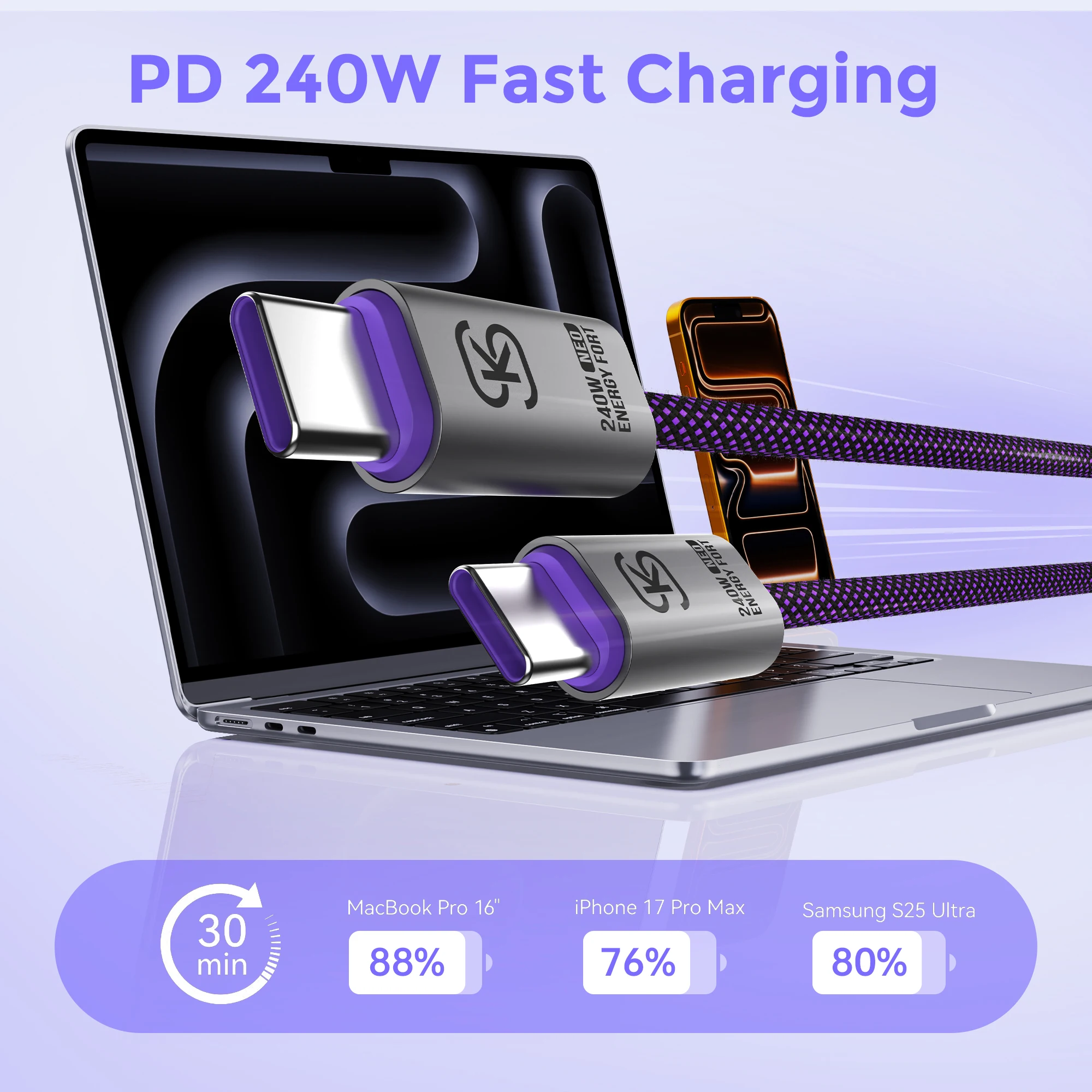 USB C to USB C Cable 240W Fast Charging Type C Charger Cord Braided USBC Cable for iPhone 17 Samsung S25 Laptop MacBook Switch