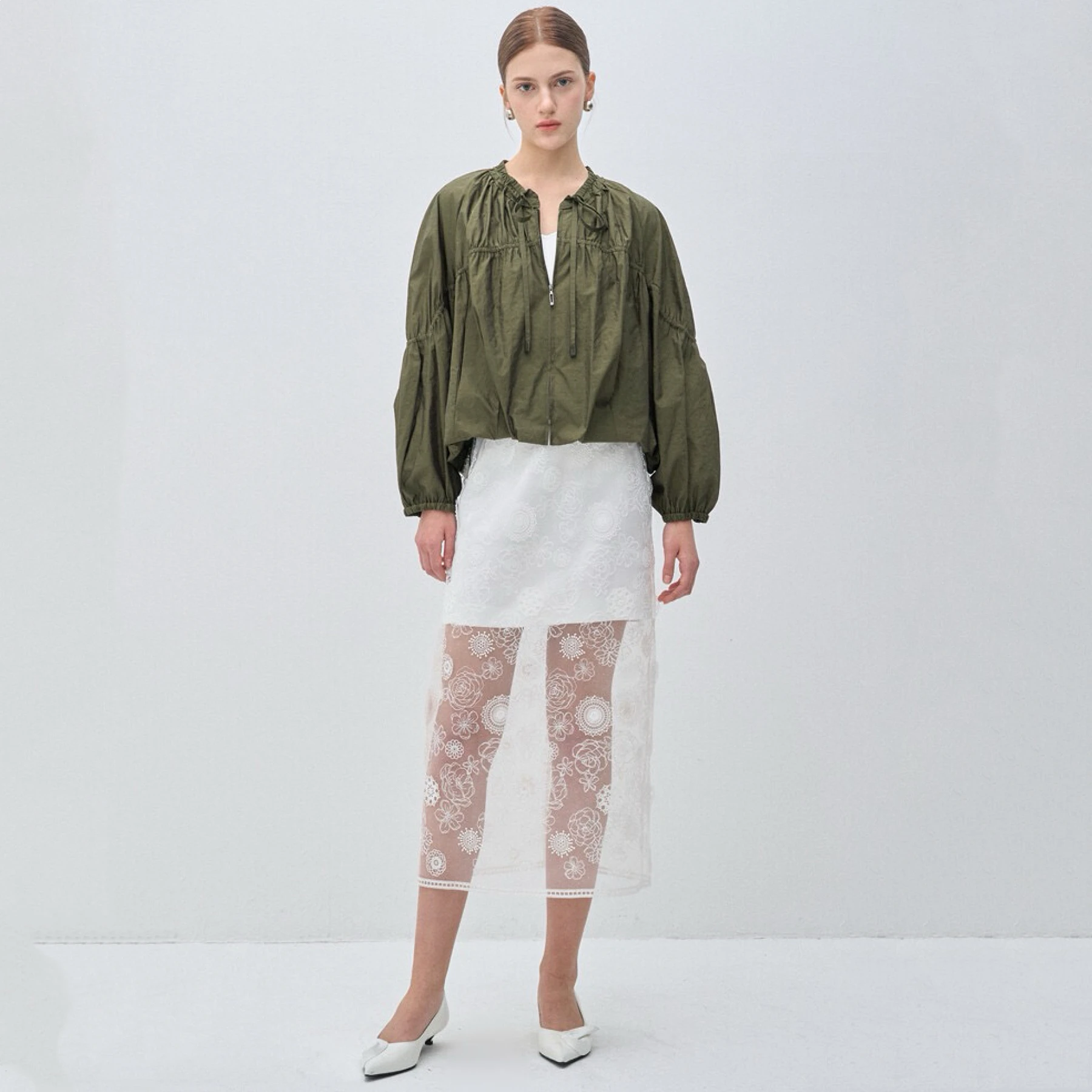 

Lemon Cheese M*NE Casual Loose Elastic Collar Pleated Dstring Jaet Top Versatile Comfortable Cotton Long Sve irt