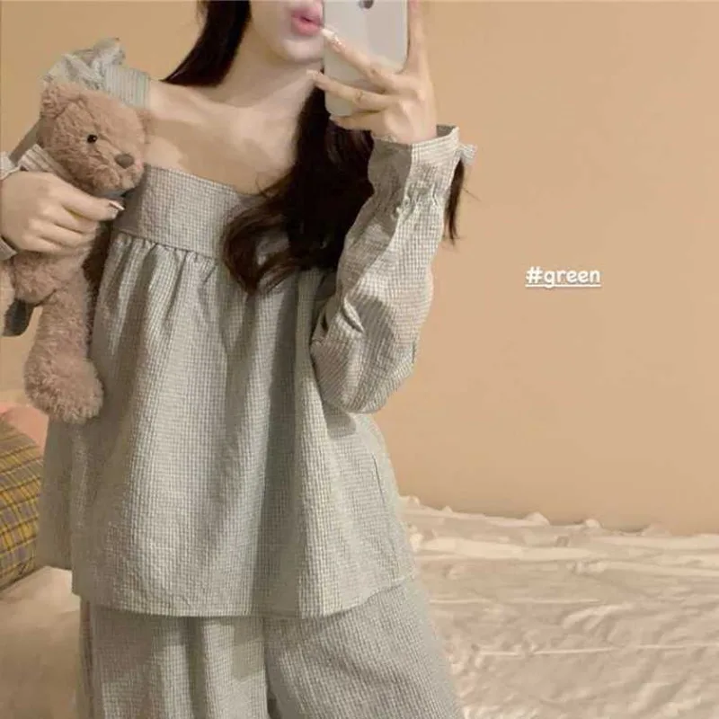 Plaid Sleepwear Women Pajama Sets Autumn Korean Pants Sets 2 Pieces Piiama Square Collar Night Wears Long Sleeve Home Suit New