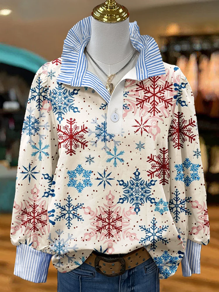 Classic Christmas Snowflakes Print Puff Sleeve Shirt