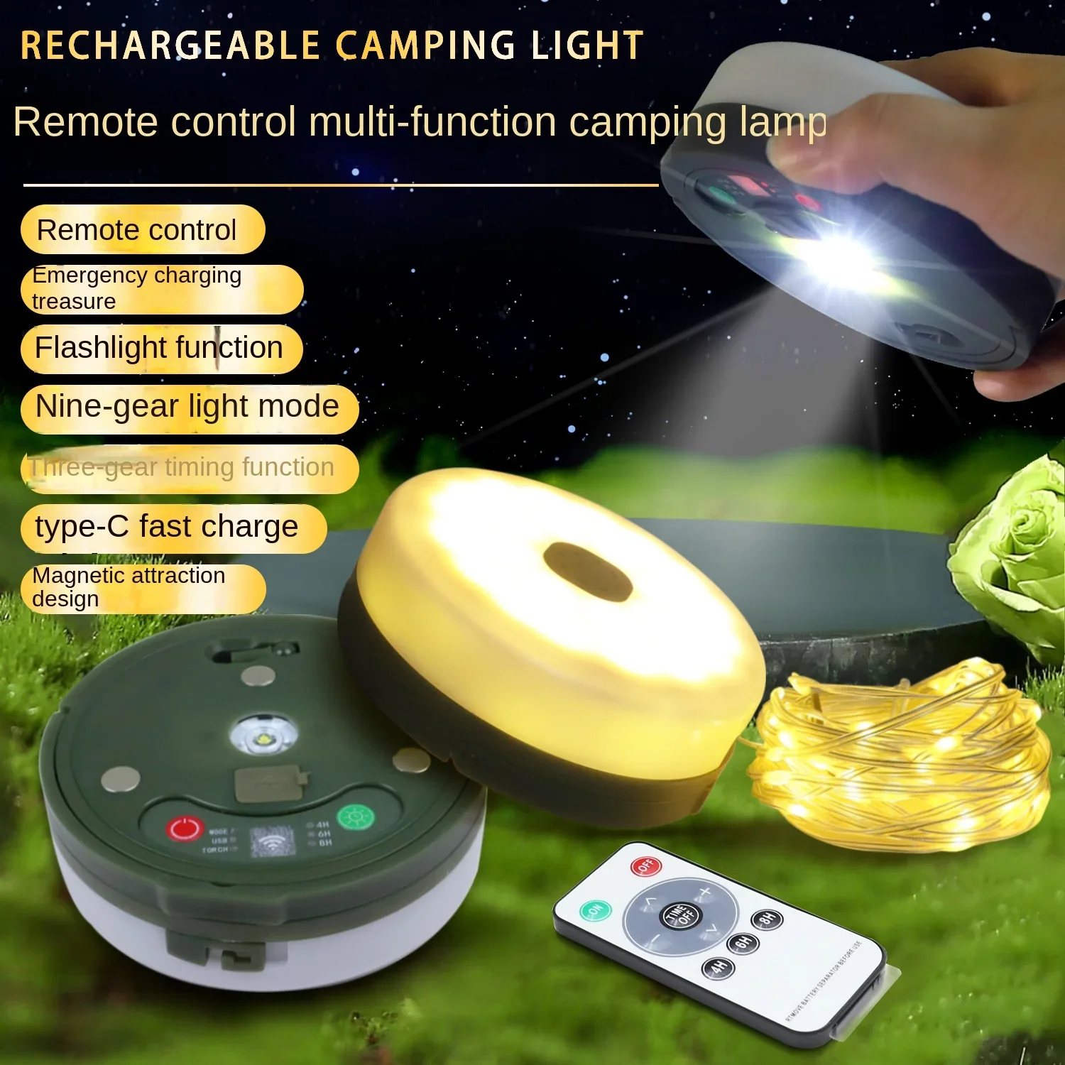 Luz Solar para acampar al aire libre, iluminación ambiental de emergencia, cinta métrica, almacenamiento, cadena de luz para acampar