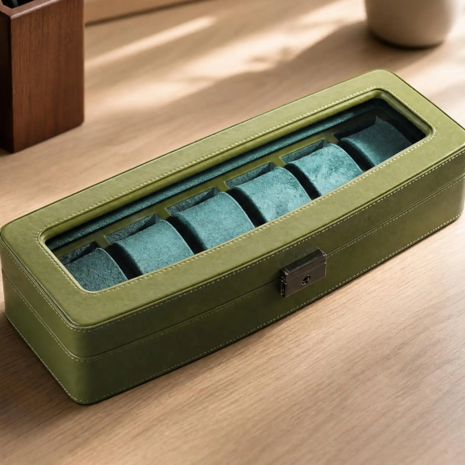 Custom Style Watch Display Case with Leather Finish and Transparent Top for Gift Giving and Showcase Storage Use