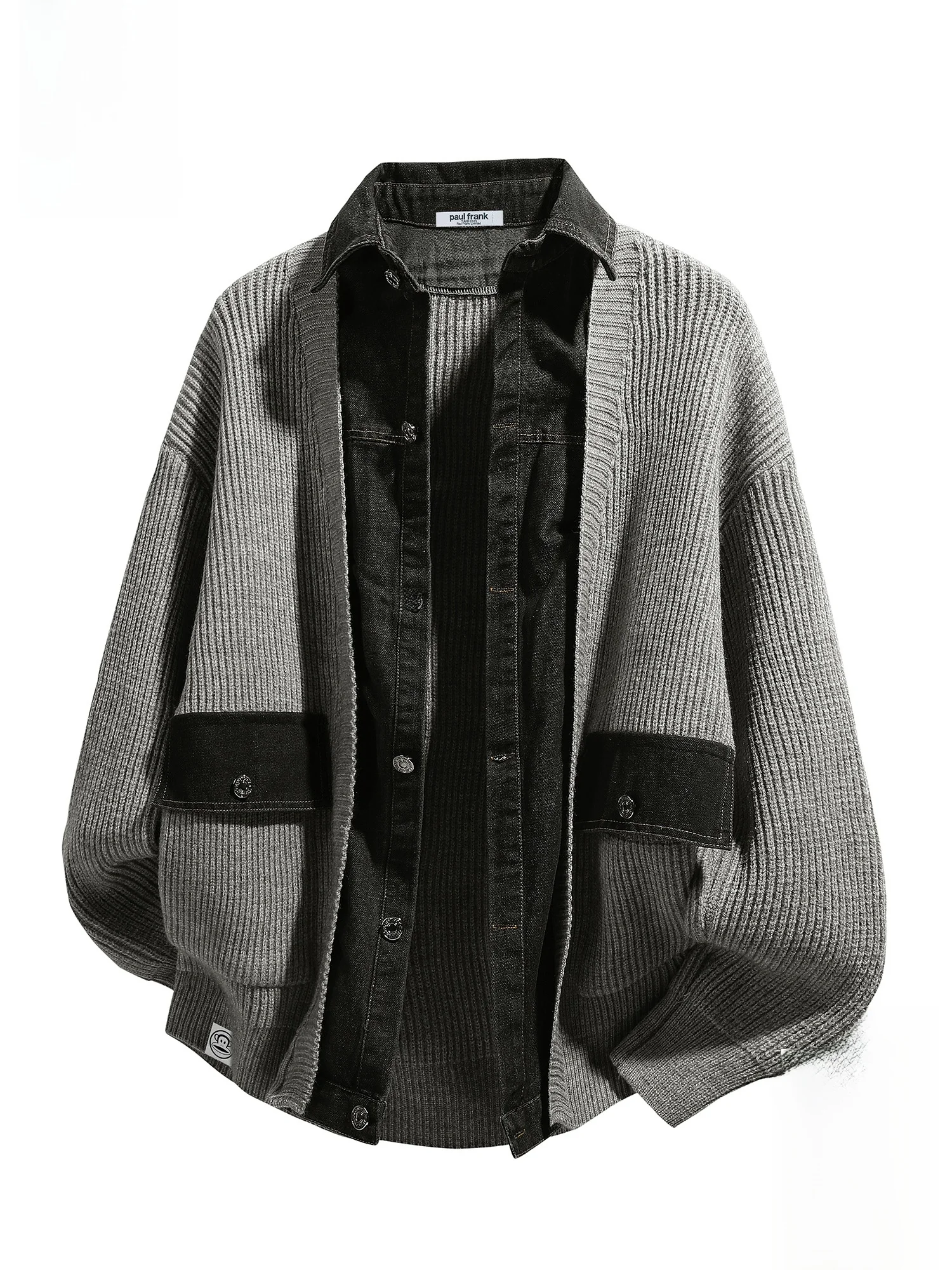 

PaulFrank Monkey Plaid Denim Splicing Knitted Cardigan Men's Autumn Winter Warm Retro Sweater Jaet Faion Urban Sle