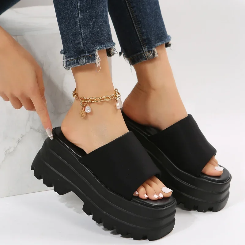 Summer Women Increase Slippers Brand Platform Beach Sandal Black Nylon Chunky Platform Wedges High Heel Slipper Big Size Sandals