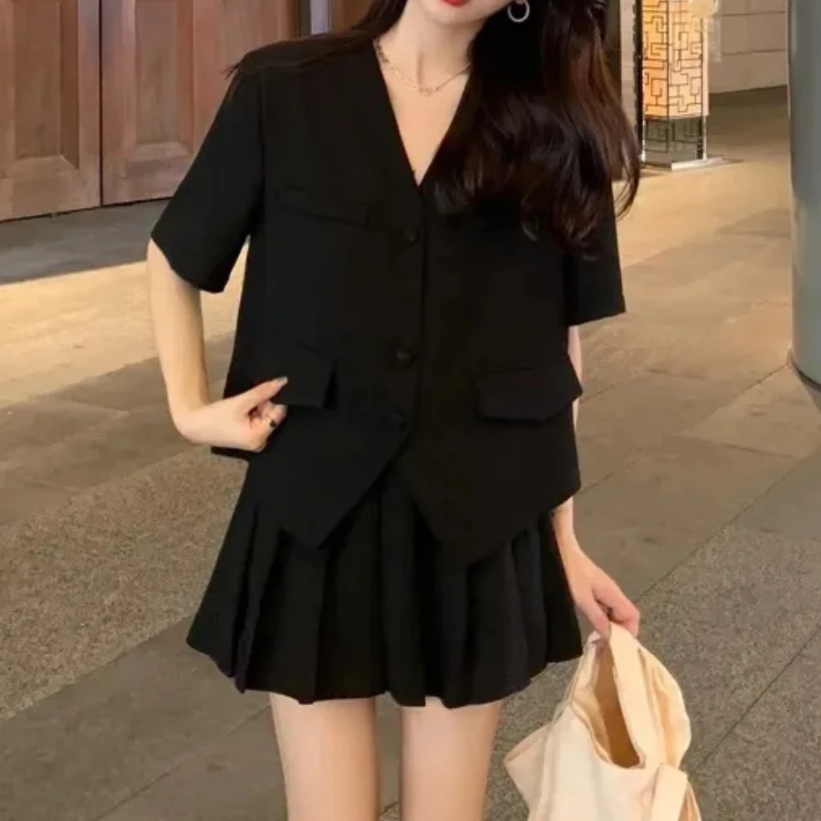 Skirt Set Women 2pcs Jacket Short Sleeve Top Korean Loose Outfits Solid High Waist Pleated Mini Dress Summer Casual Streetwear