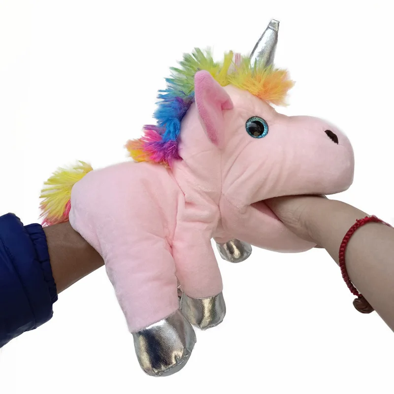 Marioneta de mano de animales de 30cm, juguetes de peluche de unicornio de dibujos animados, marionetas de mano de animales educativas para bebés, muñeco de juguete para contar historias para niños