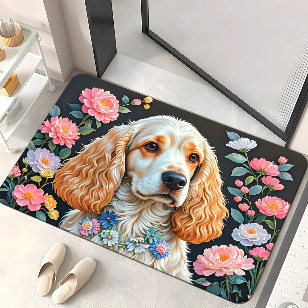 1pc 2D Flat Cocker Spaniel Dog Face Floral Border Flannel Door Mat Non Slip Pet Lover Rug For Entryway Kitchen Home Decor