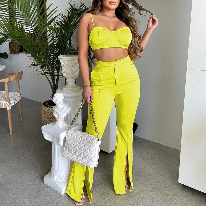 Casual Streetwear Two Piece Sets Womens Outfits Spaghetti Straps Strapless Top+Split Pencil Pants Party Matching Sets 2022 Fall