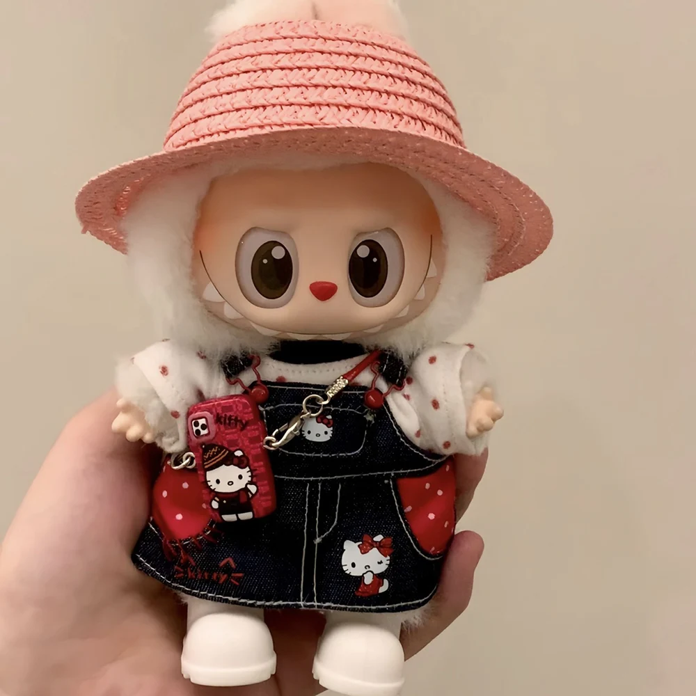 For Labubu Trendy Sanrio Hello Kitty Strap Skirt 17cm Doll Cross-dressing Game Plush Doll Accessories Decora Girl Gift