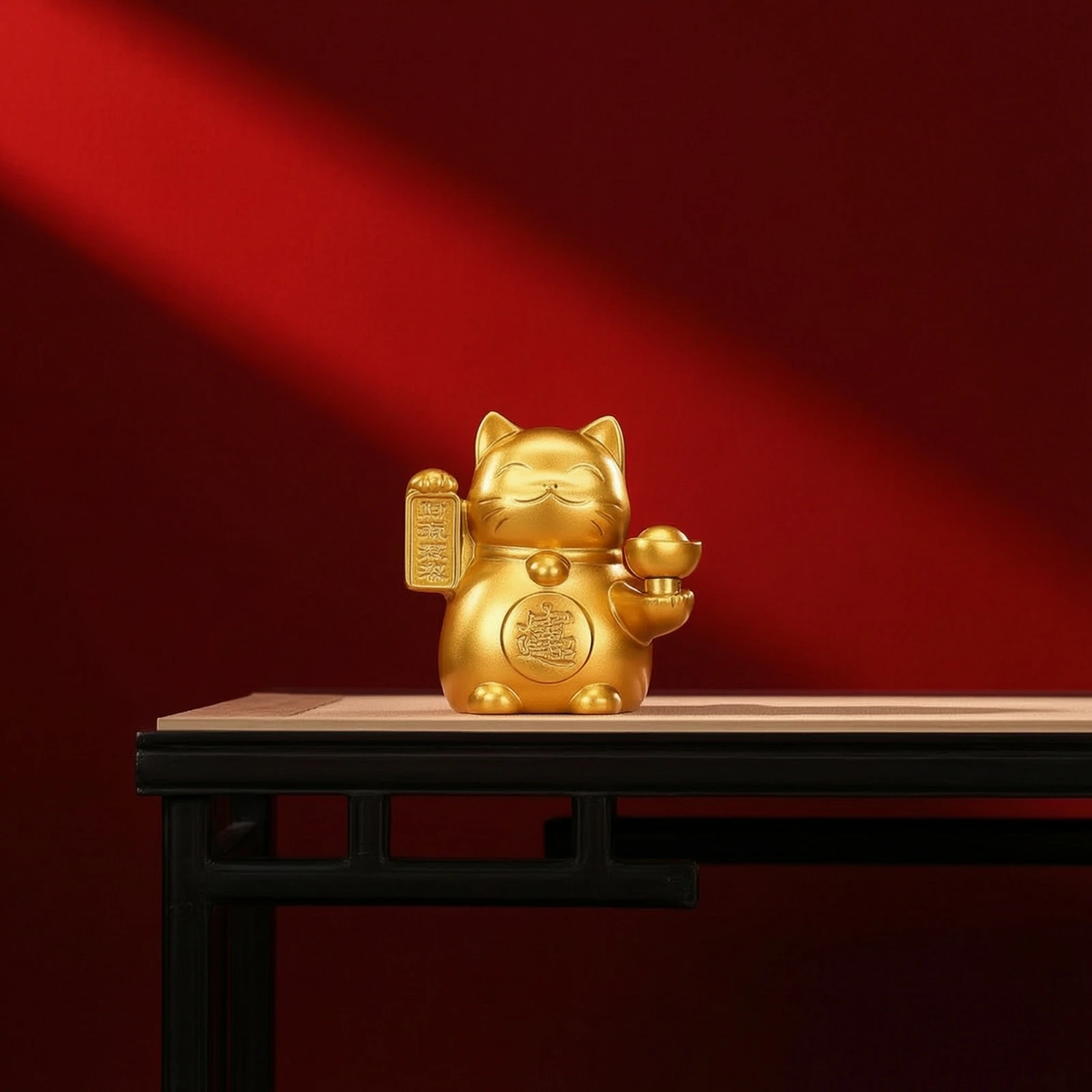 Maneki Neko with Gold Ingot Brass Maneki Neko Auspicious Cat Mini Sculpture Wealth for Business Owners, Cashier Counter