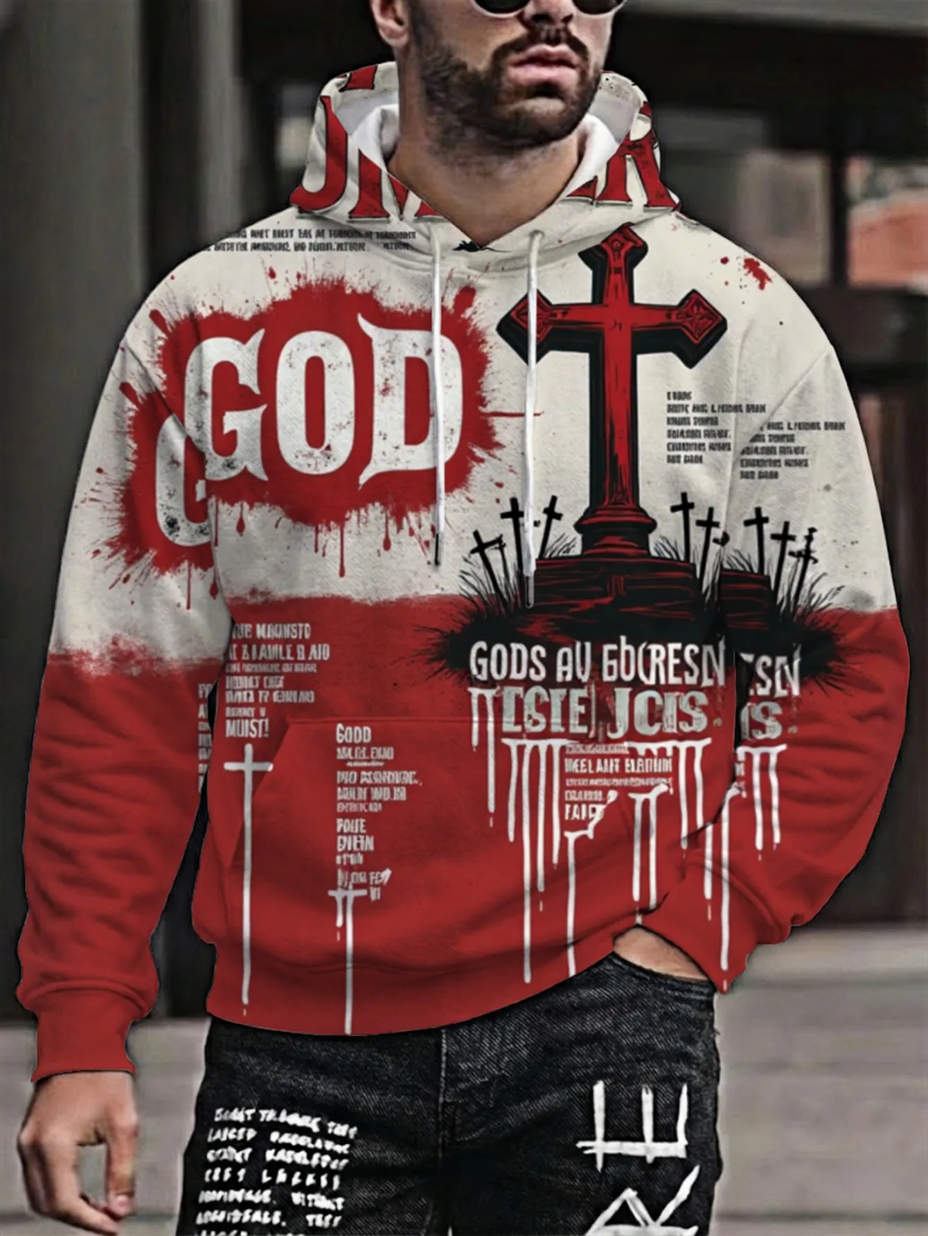 Men Two Tone Spliced Hoodie Retro Gothic Abstract Decor Print Urban Daily Pocket Drawstring Long Sleeve Pullover