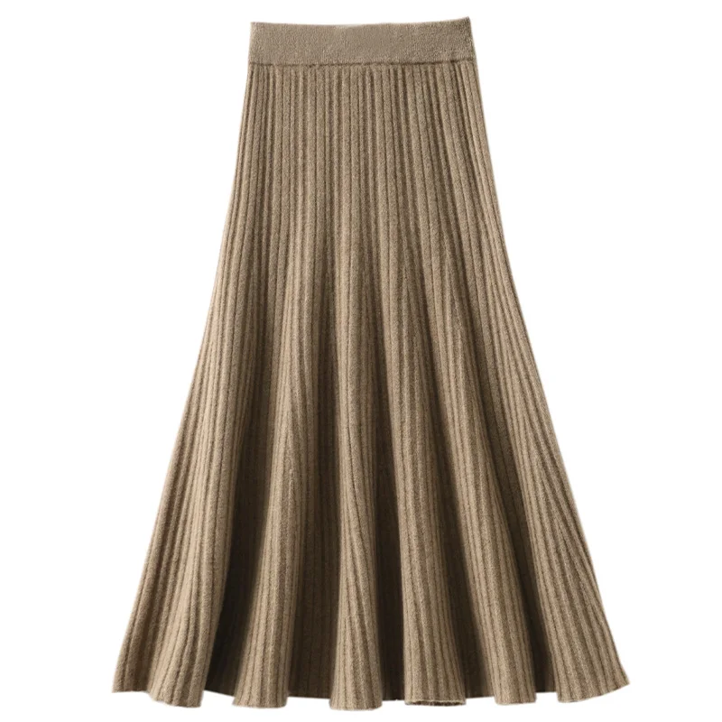 

Women's High Waist Pleated Skirt, 100% Wool, Korean, Elegant, College Style, Midi Skirt, Thick, A-line, Ladies Fashion, Autumn,