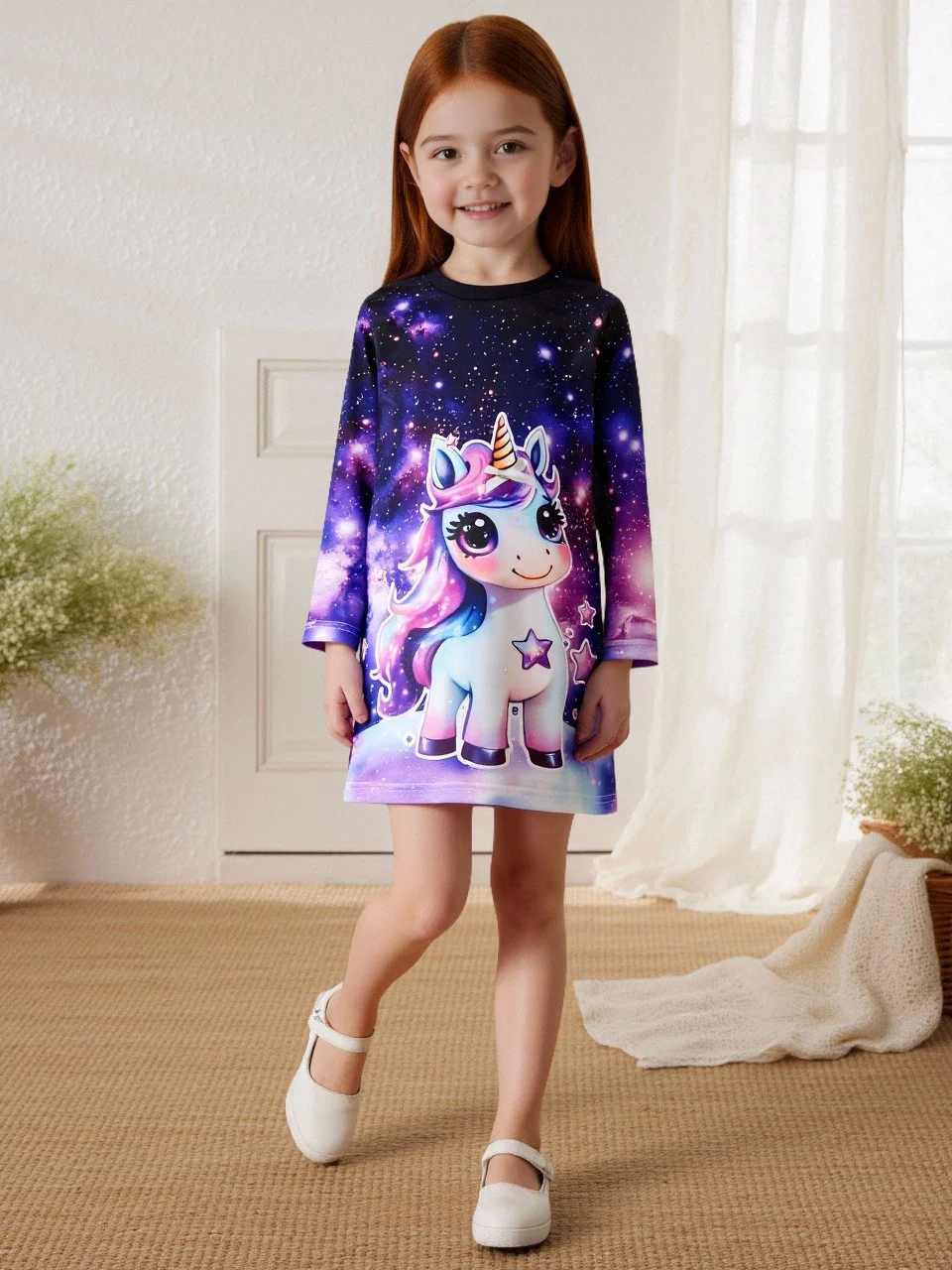 

Платье с длинными рукавами и принтом единорога для девочек, облегающее повседневное платье трапециевидной формы с круглым вырезом, тема «Звездная Вселенная», повседневная мода