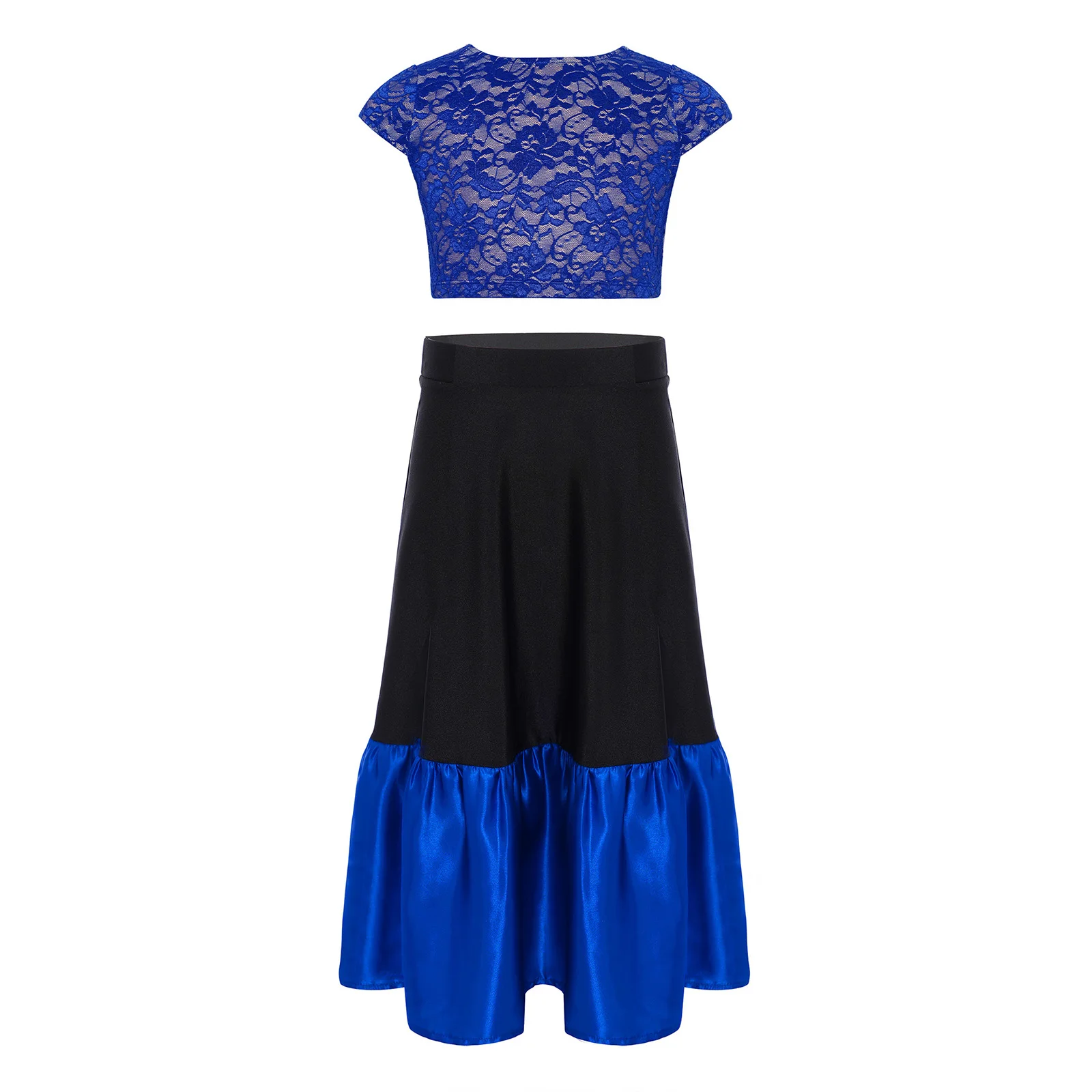 Vestido de Flamenco para niñas, conjunto de traje de baile español, cuello redondo, mangas casquillo, espalda en V, Top corto de encaje Floral, camisas + falda de bloque de Color