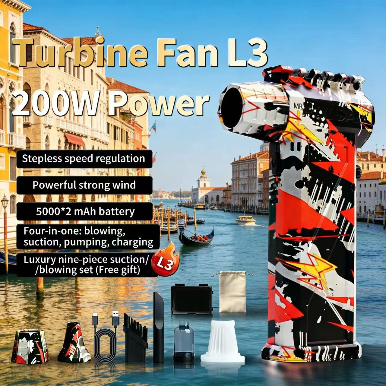 

NEW L3 Silver-Black-Red Brushless Vacuum Fan, 650000 High RPM, 75m/s Strong Wind Speed,Turbo Jet Hair Dryer+Car Wash Gun + Snow