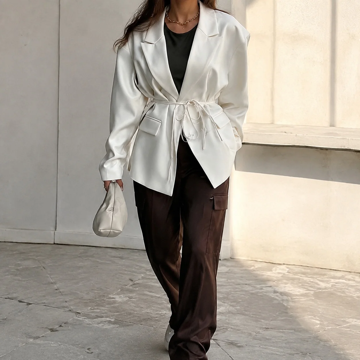 V Neck Tie Coat Regular Length Elegant with Long Sleeve Wrinkle Resistant Commuter Single Summer Slim Fit Fitted Women Coat