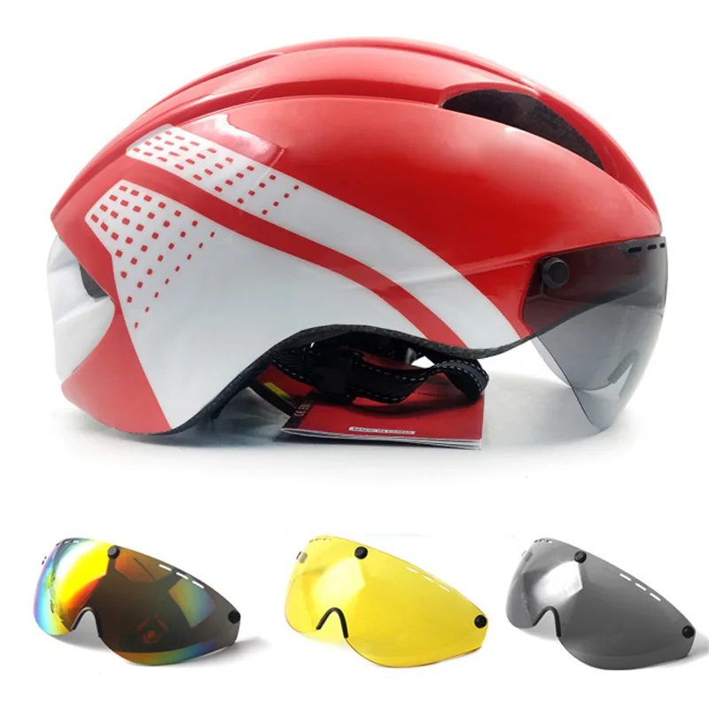 

TT Time Trial Bicycle Helmets Aero Helmet Goggles Race Road Bike Helmet With Lens Outdoor Cycling Safety Caps For Women Men