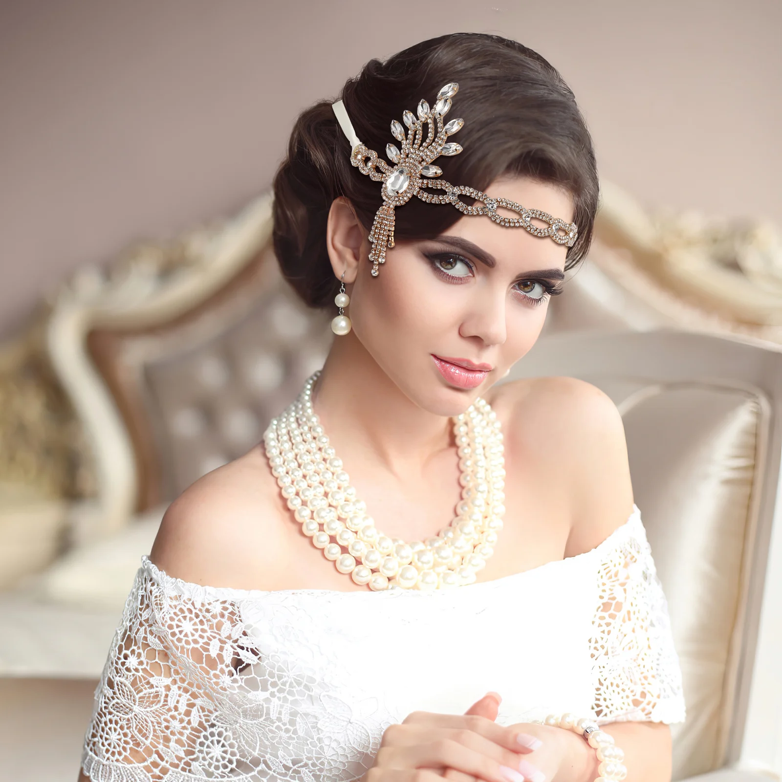 

Crystal Wedding Headband Golden Bridal Headpiece Elegant Hair Accessory For Women Ribbon Crown Vintage Party Prom Aniversary