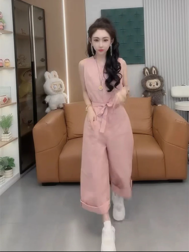 韓国風おしゃれなモノキニ、2025年夏デザイン、ワイドレッグパンツ、ウエストシェイプ、スリム、無地、ハイウエストロングパンツ