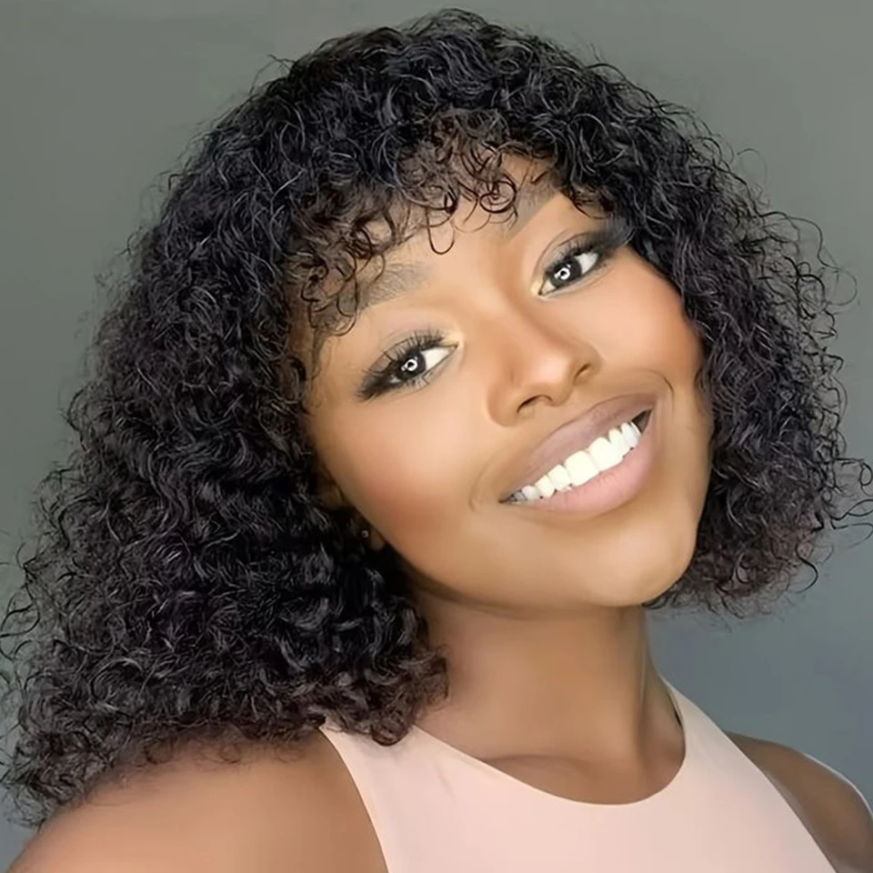 

Indian Short Bob Jerry Curly Human Hair Wigs With Bangs For Women Kinky Curly Natural Highlight Water Wave Human Hair Wigs