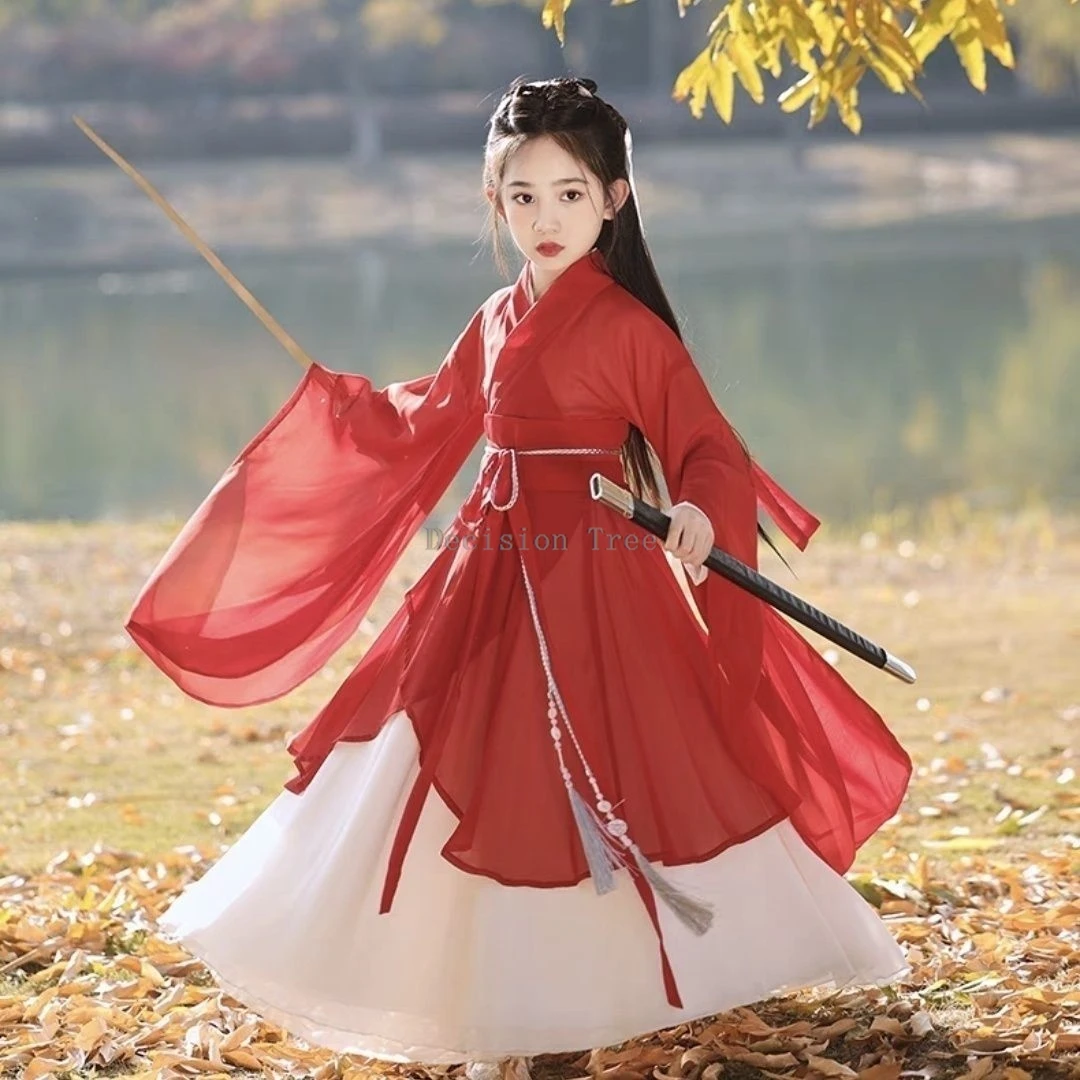 Hanfu rouge chinois ancien à grande manche, ensemble de danse traditionnelle féerique, pour la performance des enfants, nouvelle collection, 303, 2024