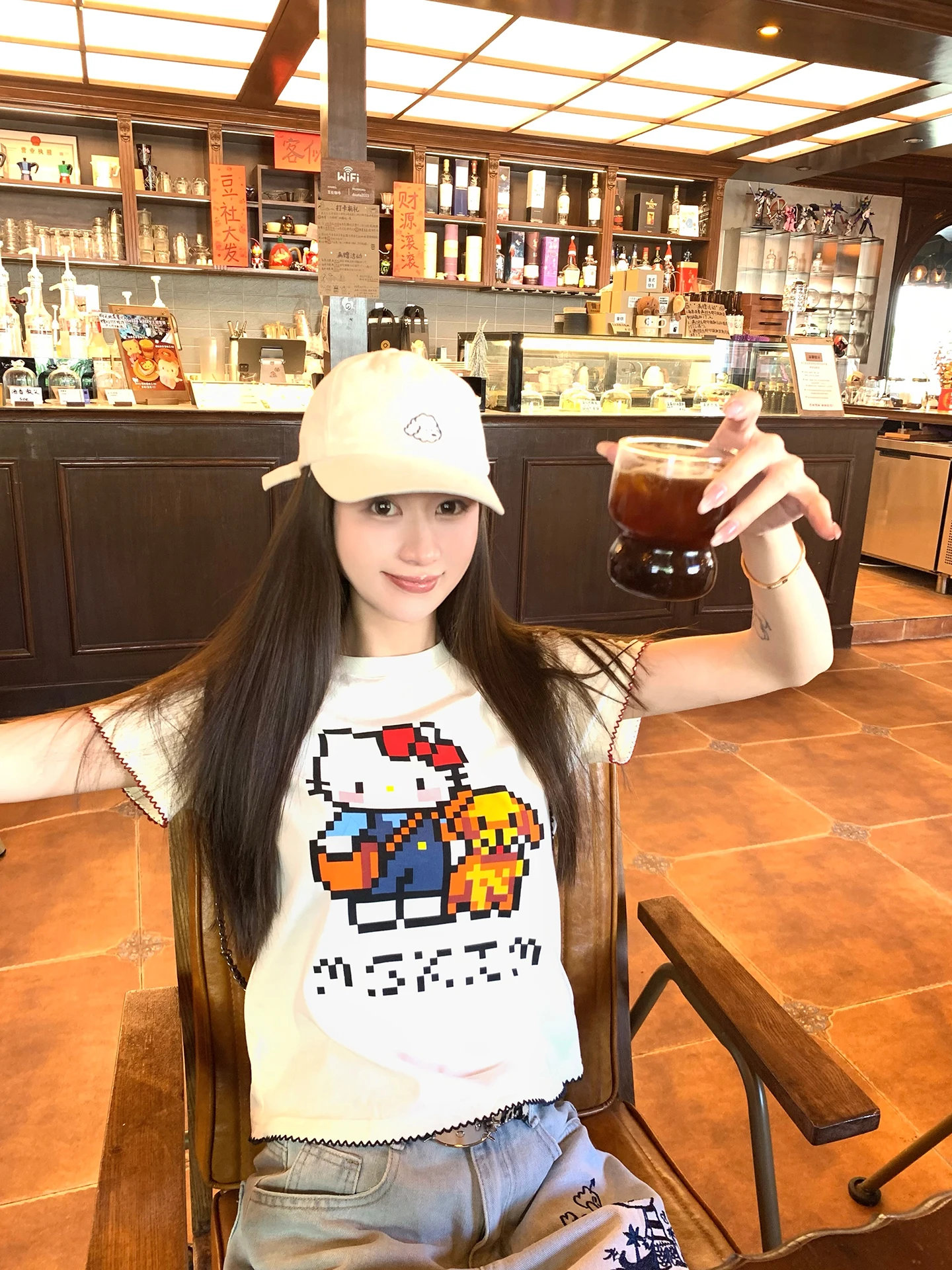 

Summer Disney Cartoon Pixel Hello kitty With Puppy Couple Loose Casual Round Neck Tee Women's Cotton Short-sleeved T-shirts