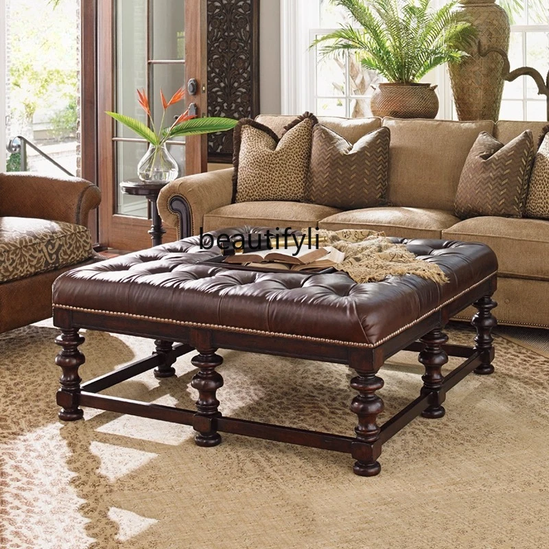 

American Style Solid Wood Vintage Oil Wax Leather Coffee Table Cowhide Living Room Tea Low Table Negotiation Coffee Table