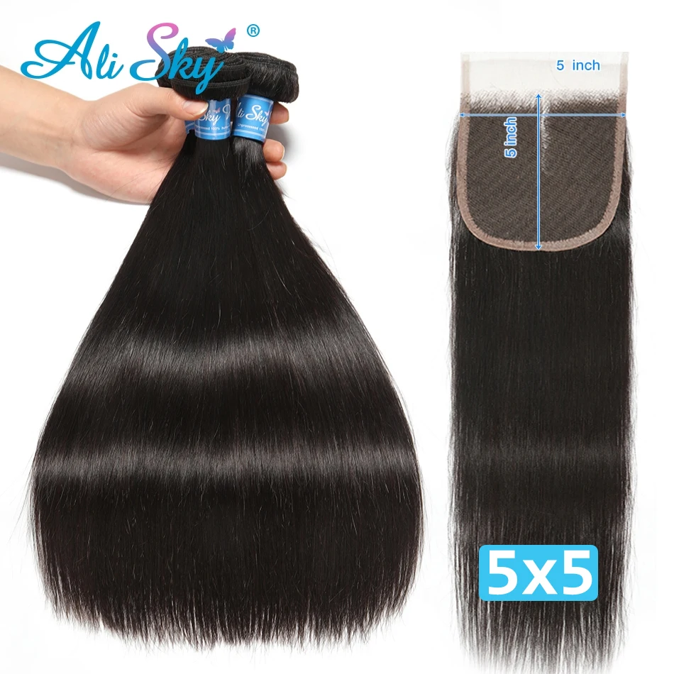 Alisky Human Hair Bundles With Closure Brazilian Straight Hair 5x5 Lace Closure With Bundles Natural Hair Extensions Human Hair