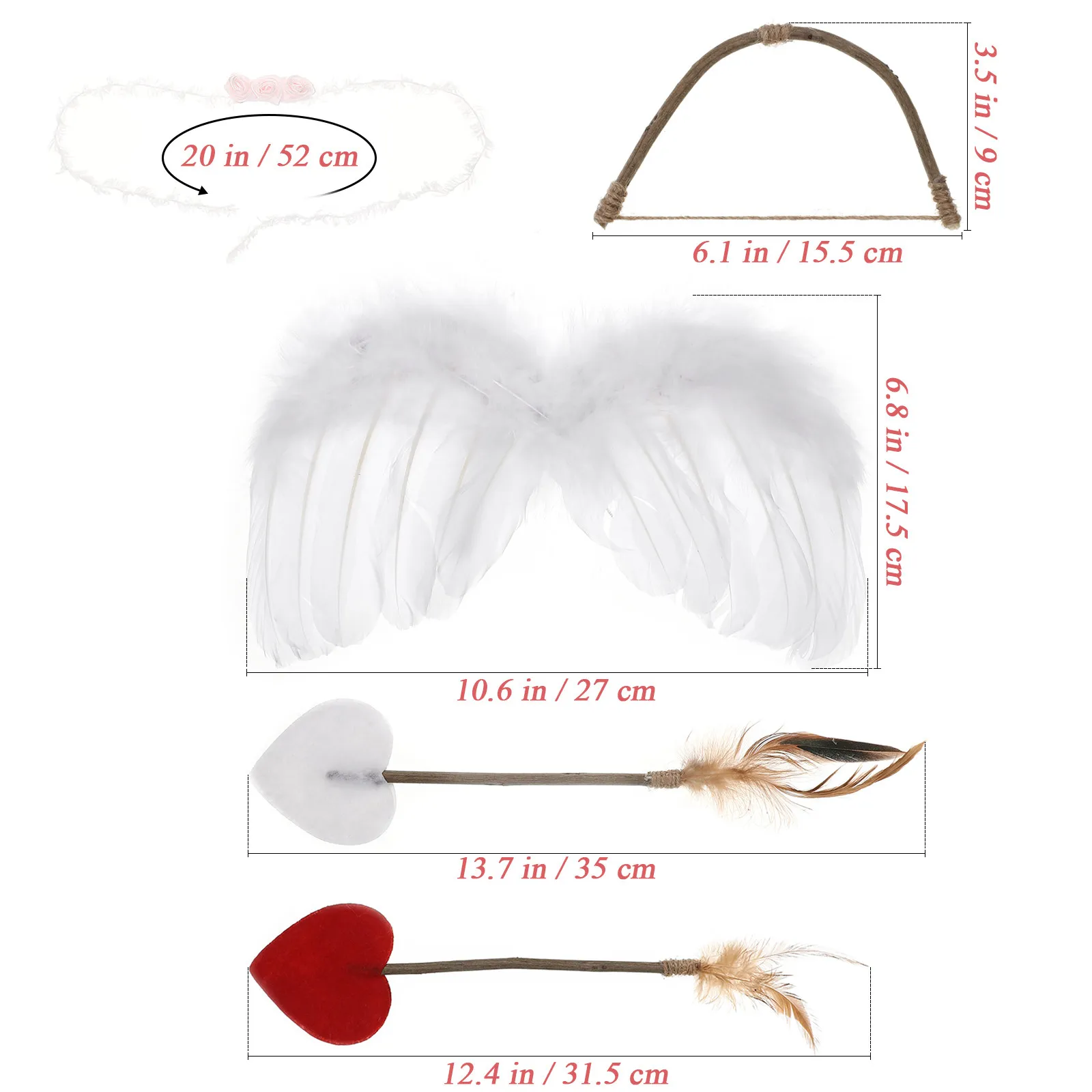 1 Set Foto-Requisiten-Set Amor-Kostüm mit Blumen-Haarreif, Federflügel, Holzbogen, Herzpfeile für Fotografie