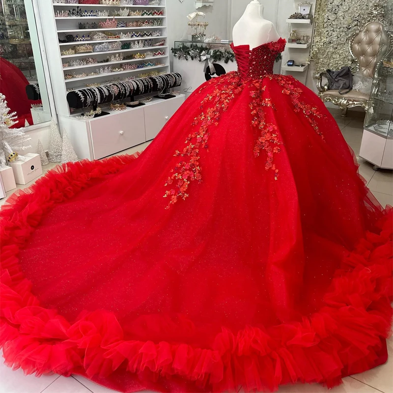 

Luxury Red Quinceanera Dress Sweetheart Ball Gown Applique Lace Beads Crystal Tull Tiered Sweep Train Prom Dress vestidos de 15