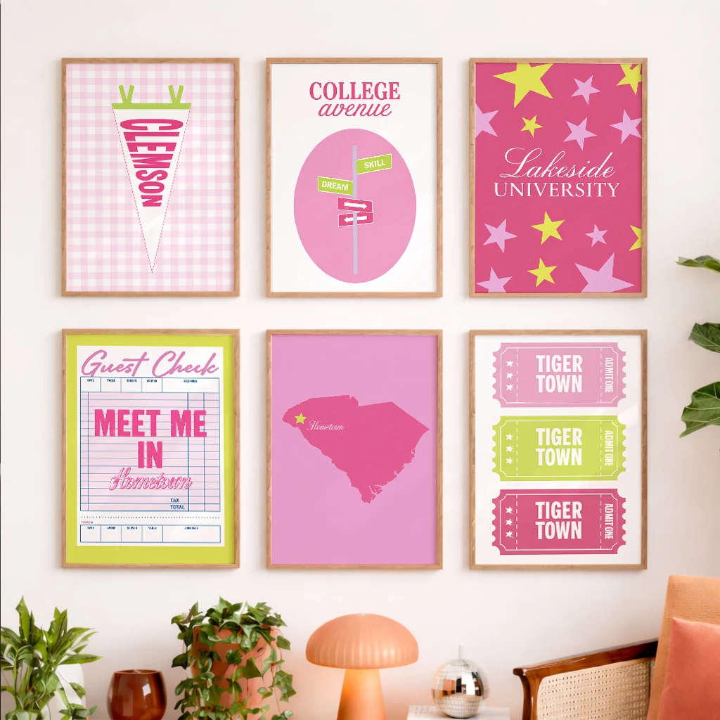 Set of 6 Tiger Pink College Pennant Guest Check Town Tickets Stars Map Modern Decorative Canvas Poster Wall Art Prints Home