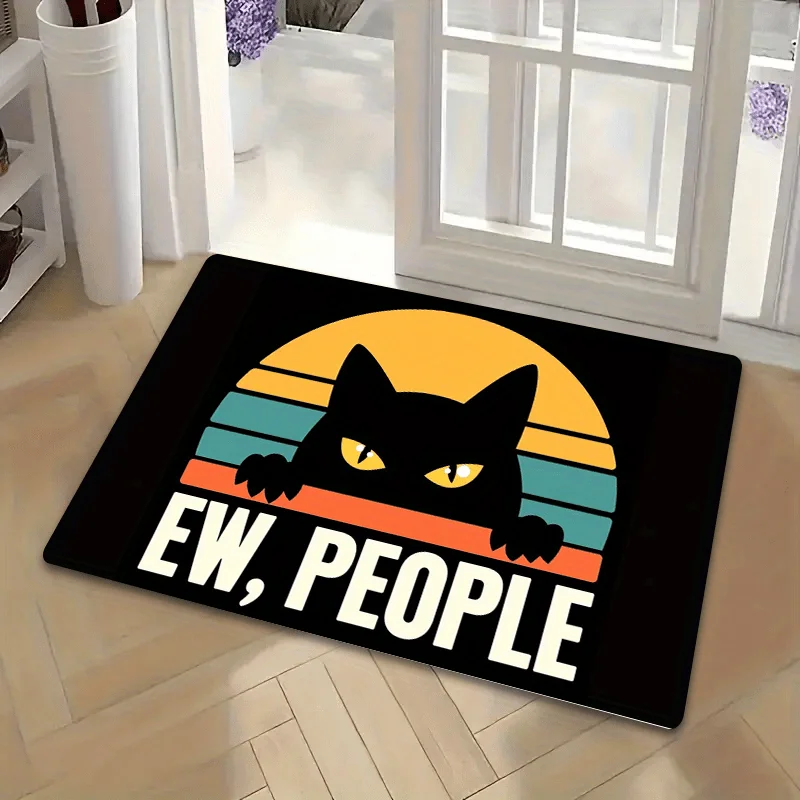 1pc Non-slip Cat Themed Doormat, Machine Washable, Glossy Black Cat and 