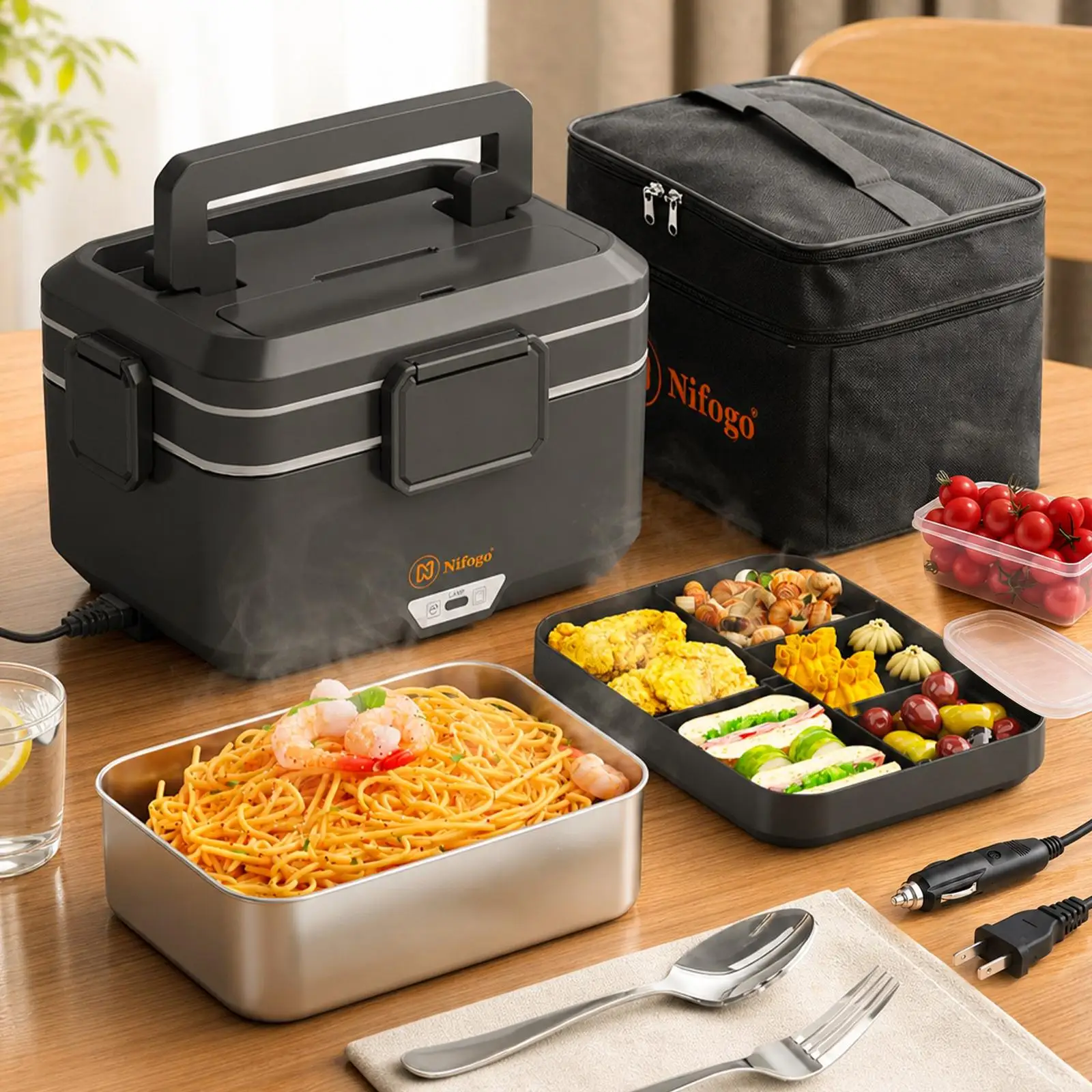 Portable Electric Heating Lunch Box with Dual Compartments, 304 Stainless Steel Food Warmer, 12V Car & 110V Home Dual Use Heated Bento Box with Insulated Carry Bag, Utensils for Office Travel Camping