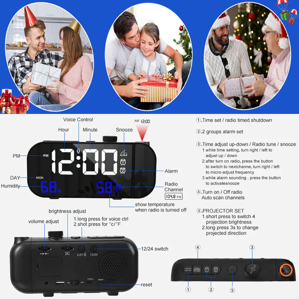 Digital Projection Alarm Clock with FM Radio, Temperature and Humidity display. Smart Sound Control Light Up Function. Gift Idea