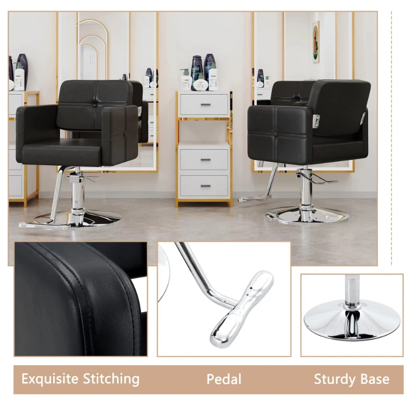 Stylish Black Ergonomic Leather Salon Chair Silver Metal Support Legs Adjustable Rotatable Single Chair for Hair/Beauty