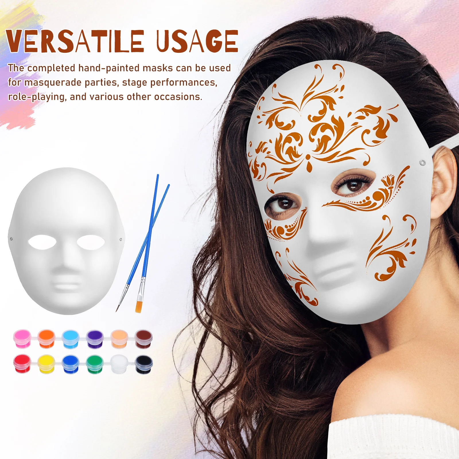 

12 Blank Diy Masks Hand Painted Craft Kit With 12 Colors Pigment And 2 Brushes For Masquerade Cosplay Party Decoration