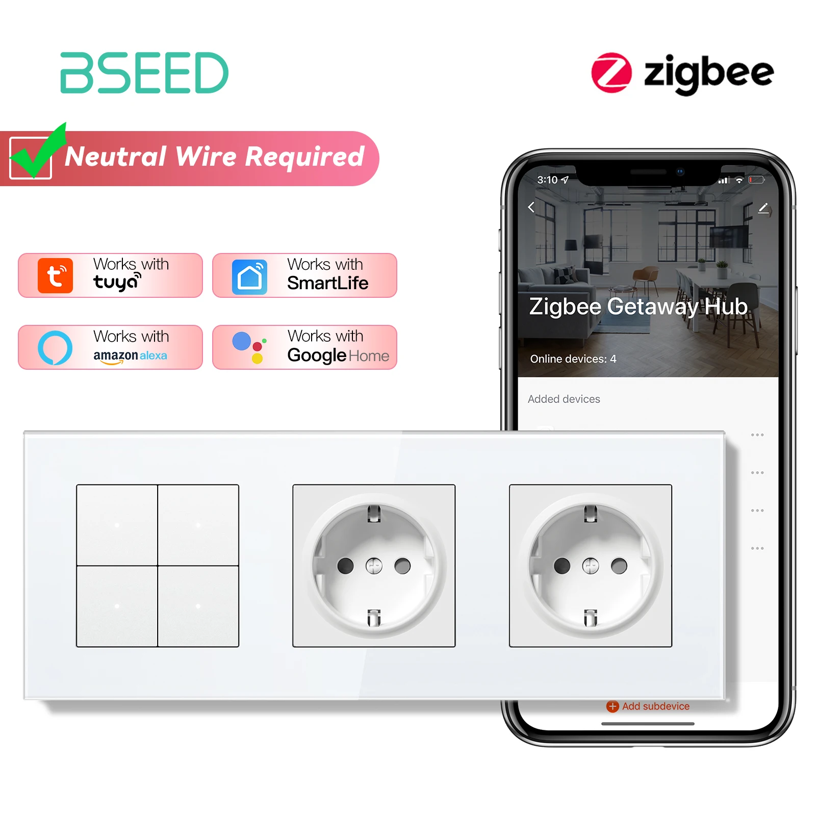 BSEED Zigbee Lichtschakelaar 1/2/3Gang 2Way Smart Click Knopschakelaar Glazen Paneel Witte LED Indicator Tuya Smart Leven Alexa Controle