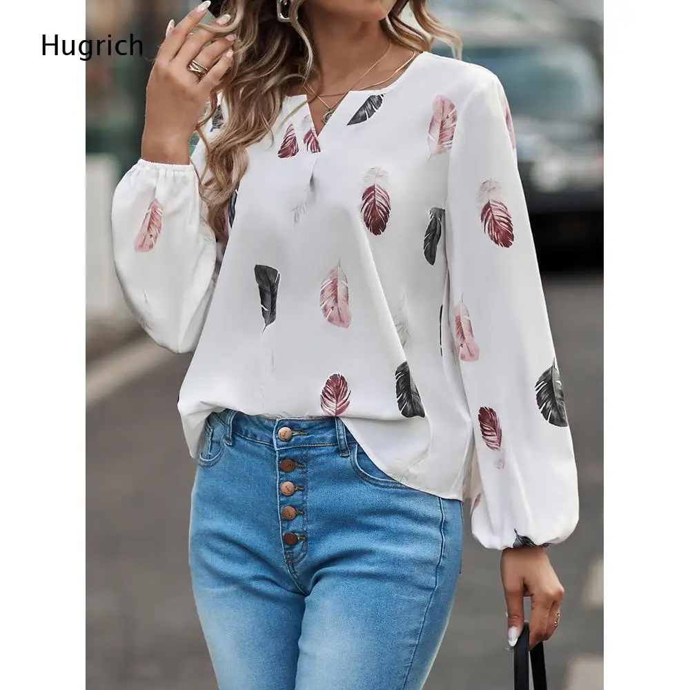 White Watercolor Feather Print Notched V Neck Lantern Elastic Cuff Long Sleeve Blouse Women Loose Office Casual Shirt