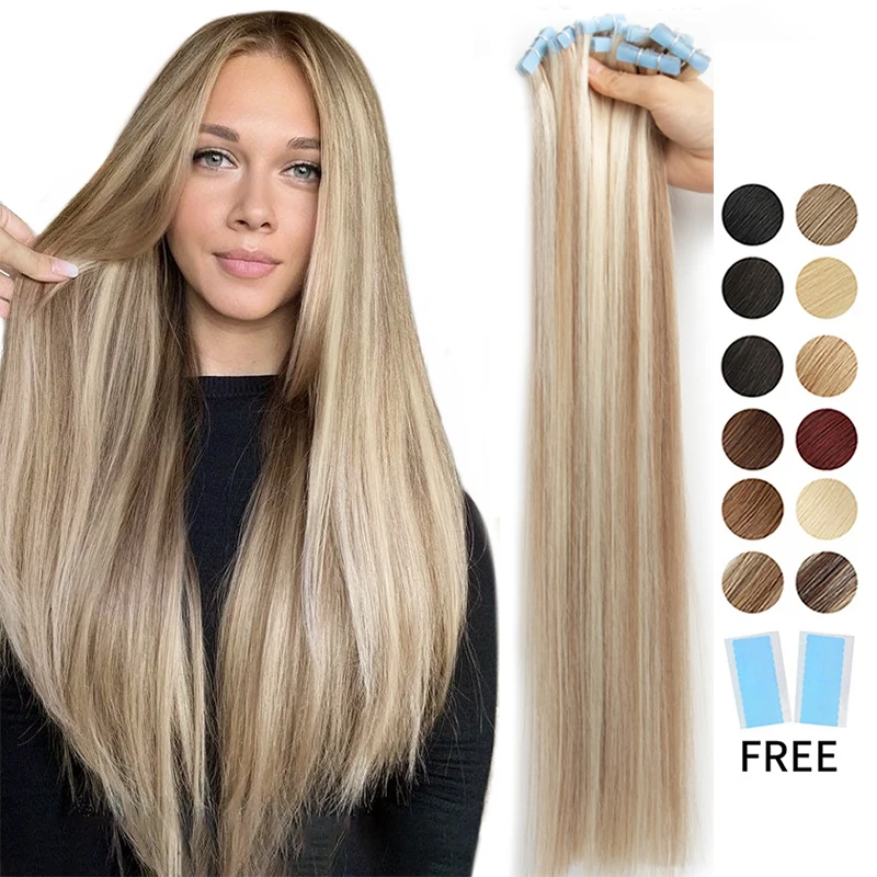 Nastro nelle estensioni dei capelli Capelli umani Biondi PU Nastro senza cuciture Estensioni dei capelli 4x0,8 cm Trama della pelle Nastro in PU sui capelli 20 pezzi 12 "-24"