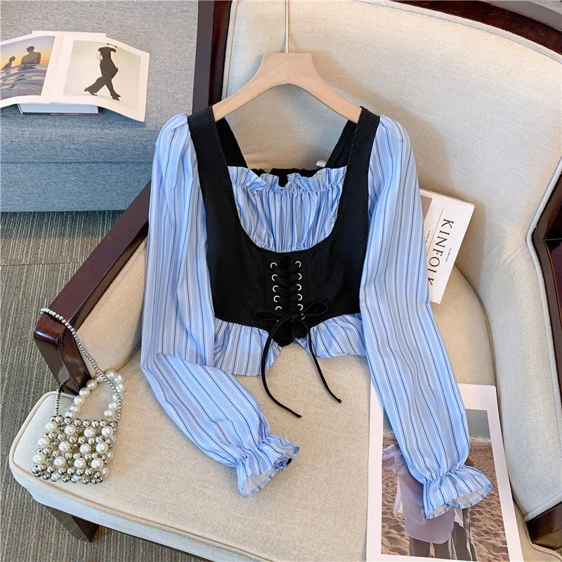 

Blouse for Women Square Collar Patchwork Long Puff Sleeve Lace Up Shirts Autumn Versatile Female Top