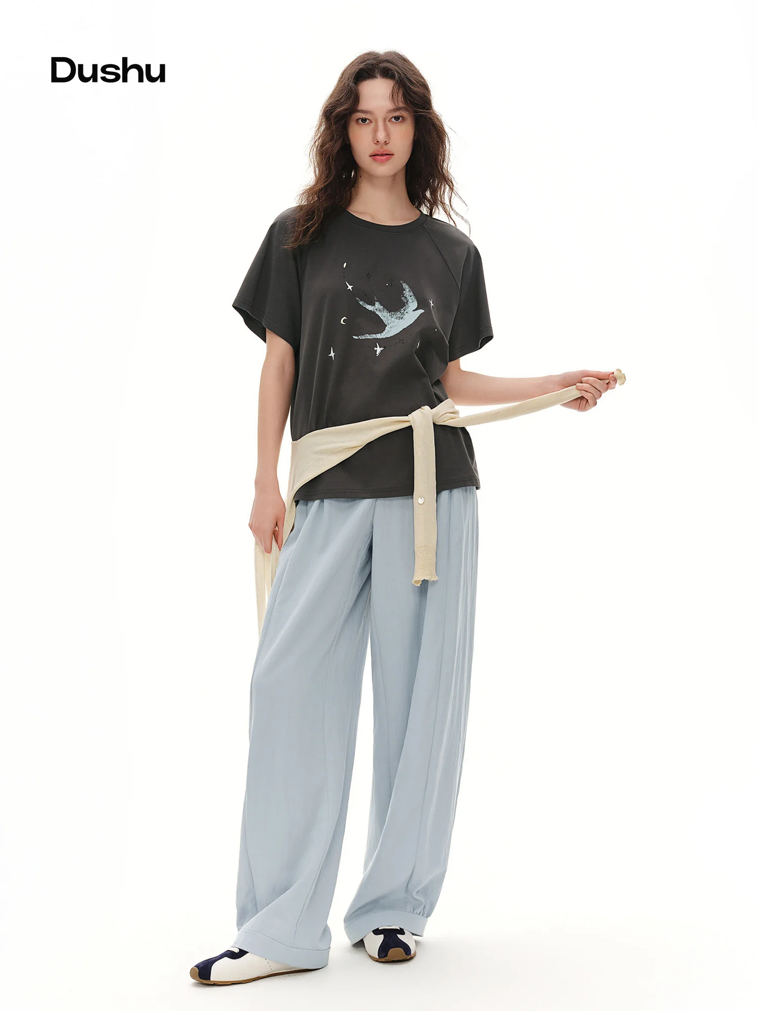 DUSHU High Waist Straight Leg Wide Leg Pants for Women 2026 Summer Solid Blend Trousers Casual Daily Wear Pants Light Gray Blue