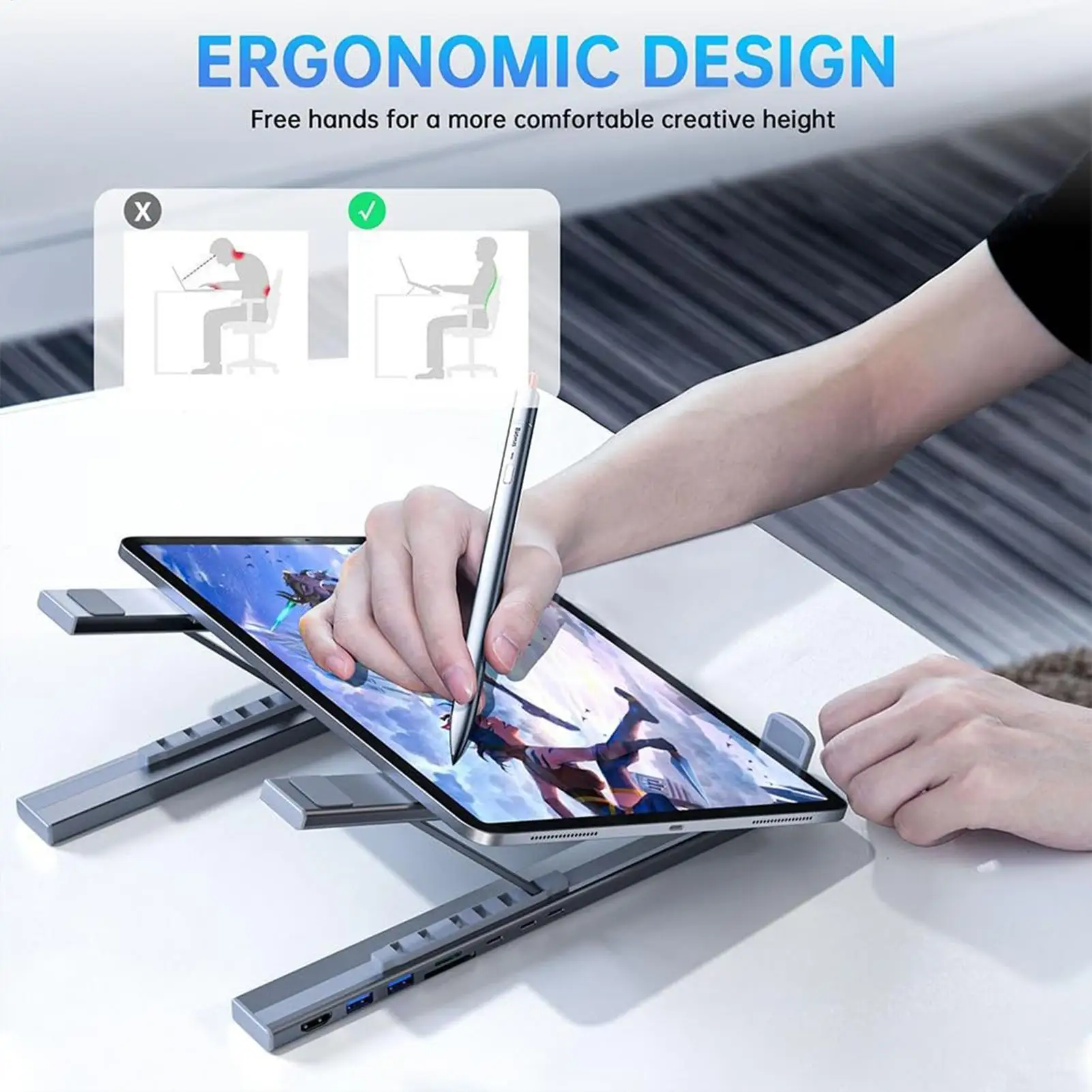 

Laptop Stand Docking Station Adjustable Height Tablet Stand 8-in-1 Multiport Adapter Quick Charge Cooling Riser Ergonomic For