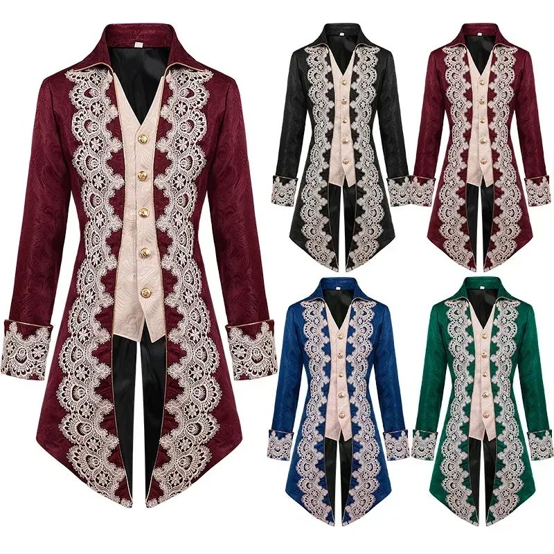 LIBIELIY Medieval Tuxedo Coat Steampunk Gothic Embroidered Printed Trench Coat Men Stage Performance Cosplay Costumes