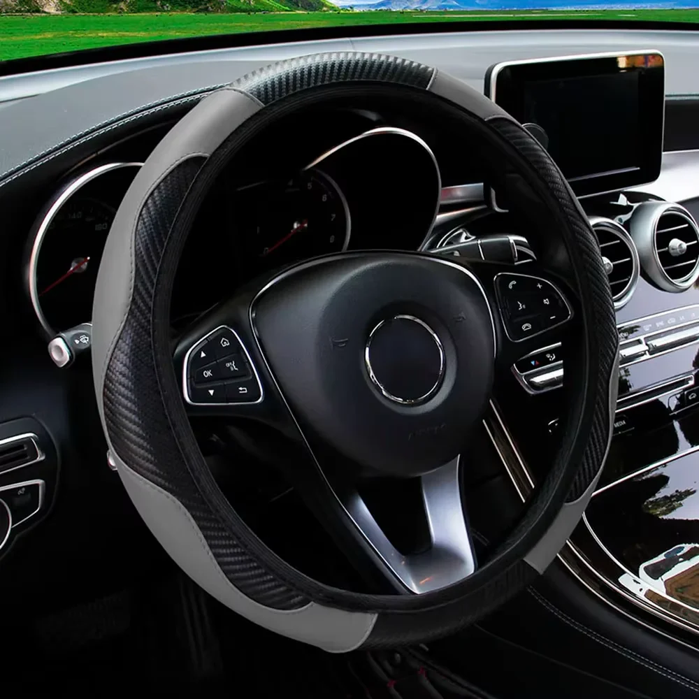 

PU Carbon Fiber Leather Car Steering Wheel Cover without Inner Ring Suitable for 14.5-15 Inches of Automotive Supplies